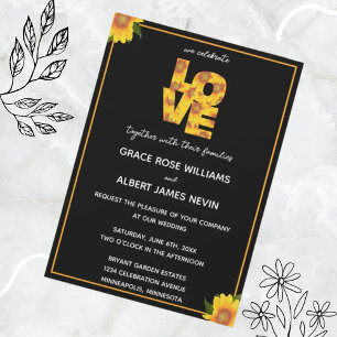 Elegant Sunflowers Black Backdrop LOVE Wedding Invitation