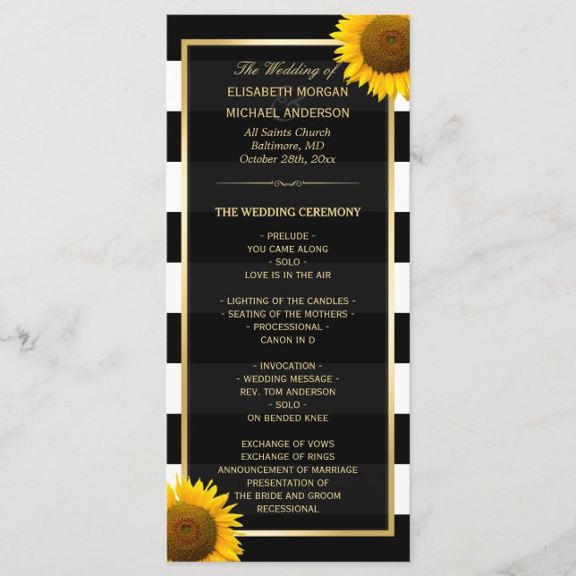 Elegant Sunflowers Black White Wedding Program Programme (Front)