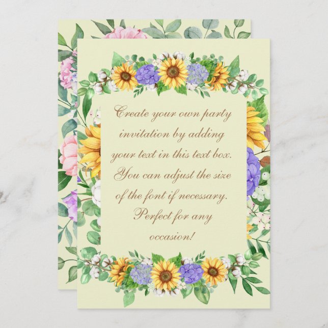 Elegant Sunflowers & Blue Hydrangeas Invitation (Front/Back)