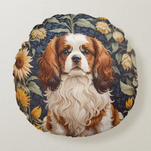 Elegant Sunflowers Cavalier King Charles Spaniel Round Cushion