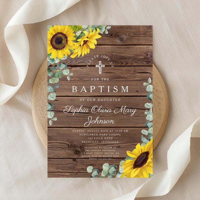 Elegant Sunflowers Cross Baptism  Invitation (Elegant Sunflowers Cross Baptism Invitation)