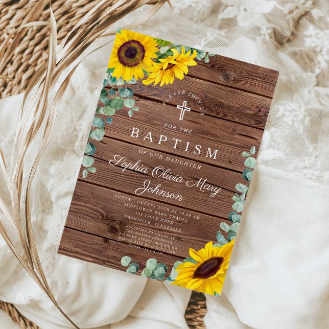 Elegant Sunflowers Cross Baptism  Invitation (Creator Uploaded)