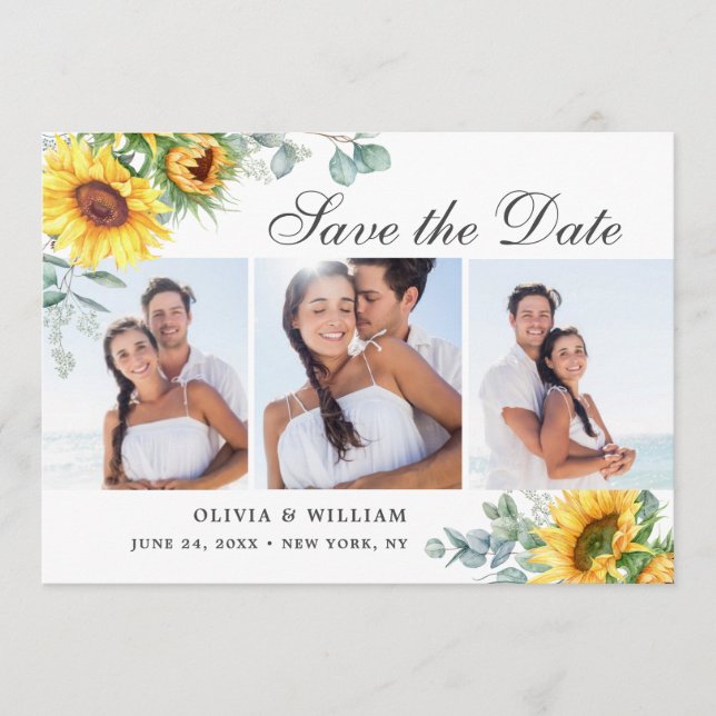 Elegant Sunflowers Eucalyptus 3 PHOTO Wedding Save The Date (Front)