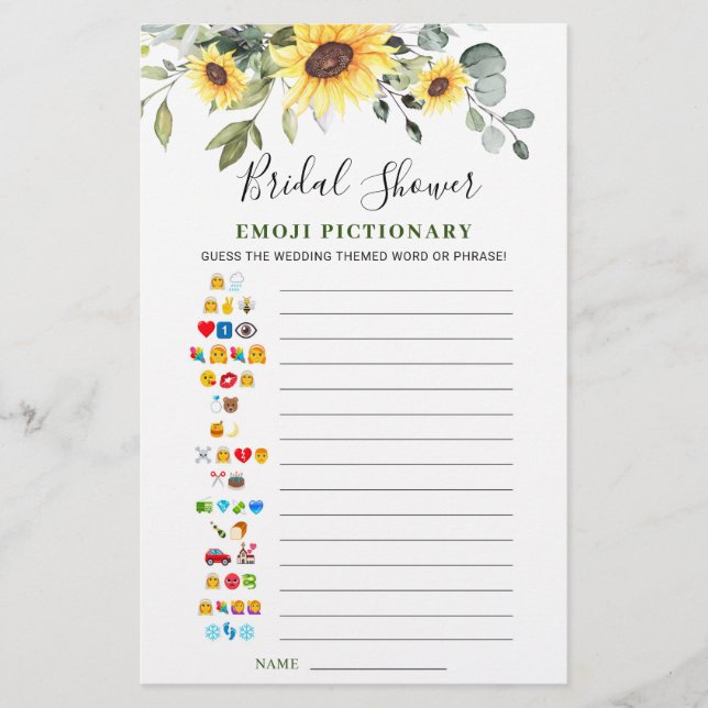 Elegant Sunflowers Eucalyptus Bridal Shower Game (Front)