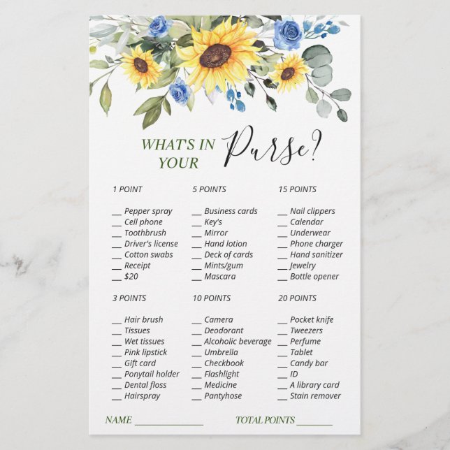 Elegant Sunflowers Eucalyptus Bridal Shower Game (Front)