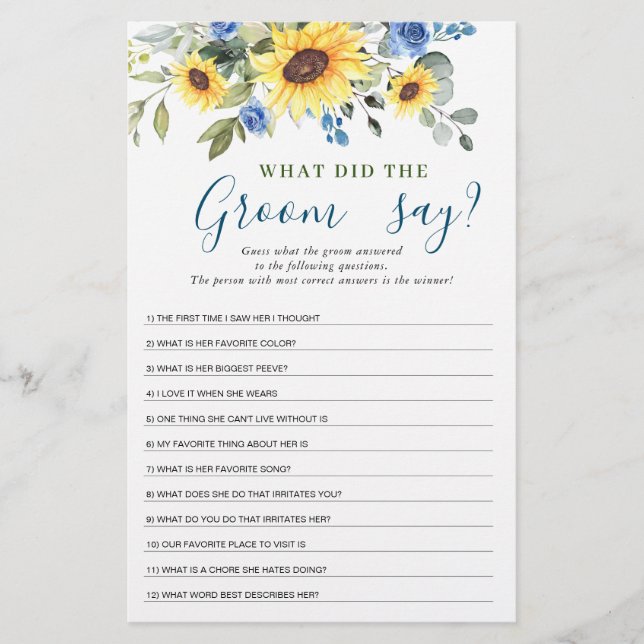Elegant Sunflowers Eucalyptus Bridal Shower Game (Front)
