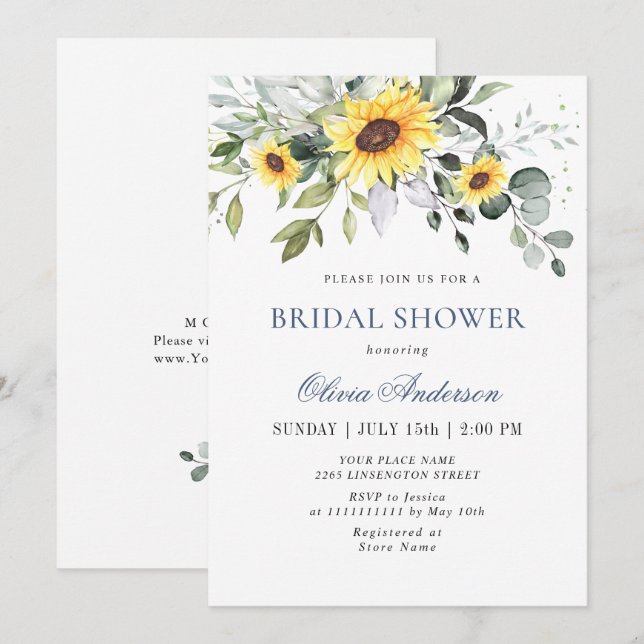 Elegant Sunflowers Eucalyptus BRIDAL SHOWER Invitation (Front/Back)