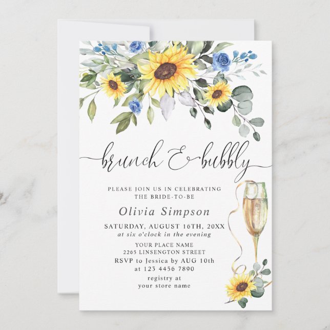 Elegant Sunflowers Eucalyptus Brunch & Bubbly Invitation (Front)