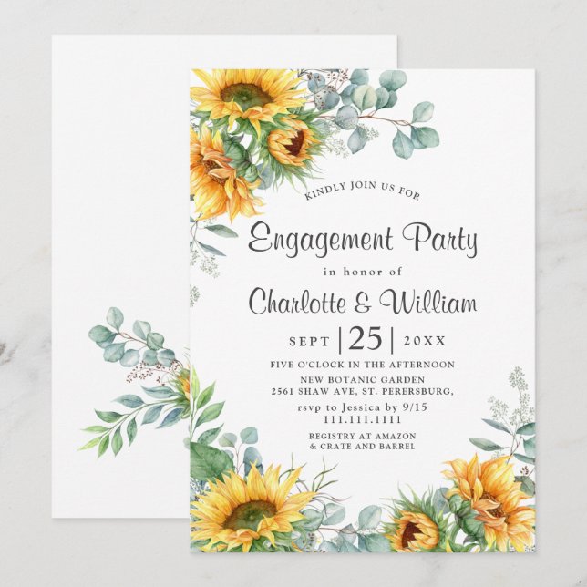 Elegant Sunflowers Eucalyptus Engagement Party Invitation (Front/Back)