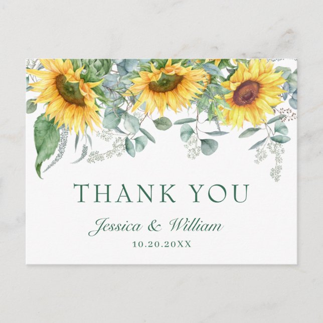 Elegant Sunflowers Eucalyptus Floral Thank You Postcard (Front)
