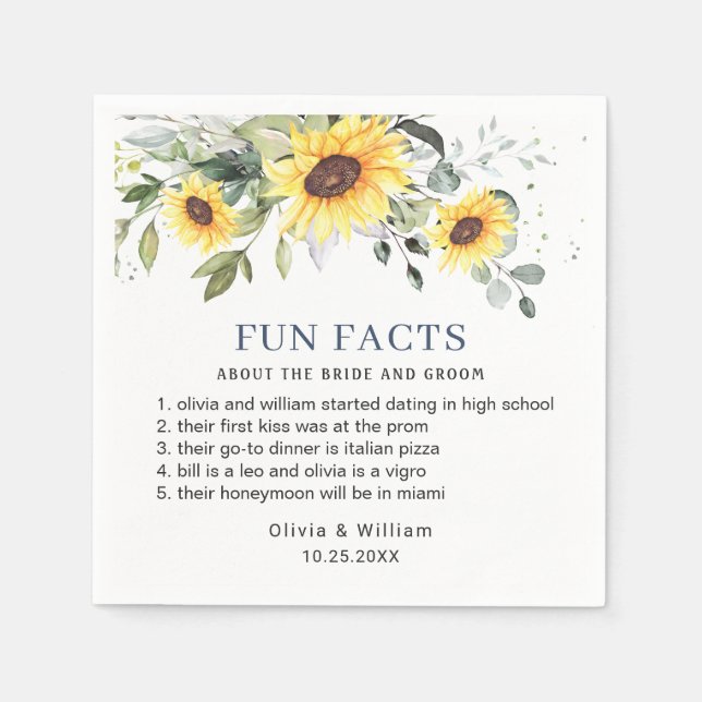 Elegant Sunflowers Eucalyptus Fun Facts Wedding Napkin (Front)