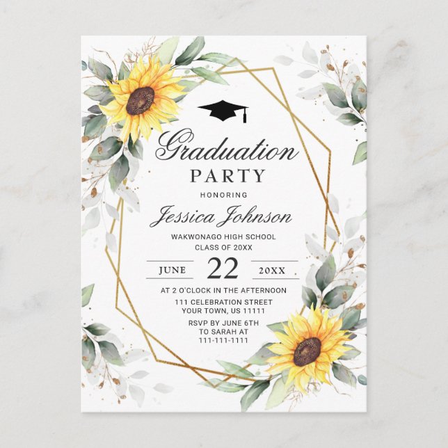 Elegant Sunflowers Eucalyptus Graduation Party Announcement Postcard (Front)