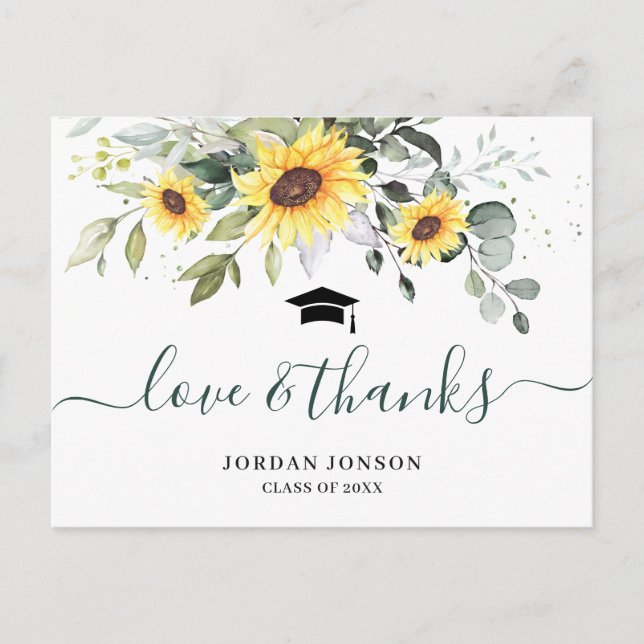 Elegant Sunflowers Eucalyptus Graduation Thank You Postcard (Front)