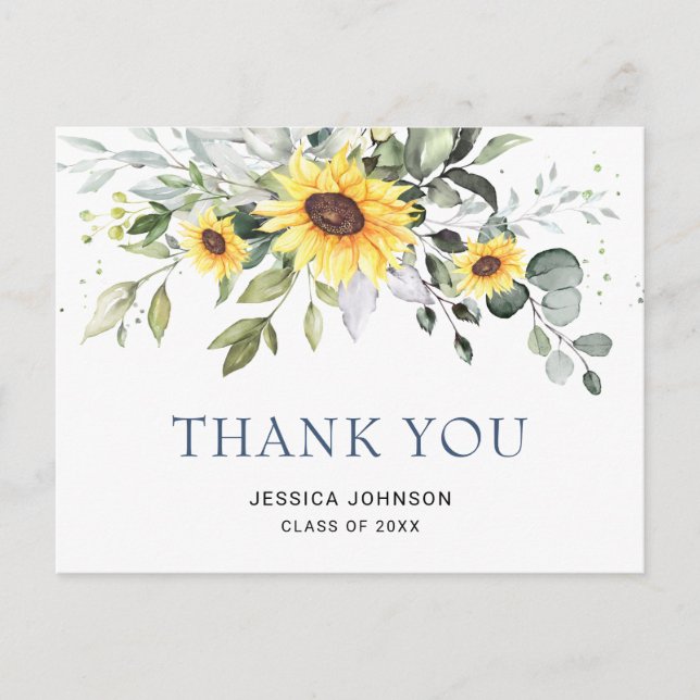 Elegant Sunflowers Eucalyptus Graduation Thank You Postcard (Front)