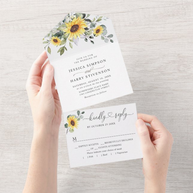 Elegant Sunflowers Eucalyptus Greenery Wedding All In One Invitation (Tearaway)