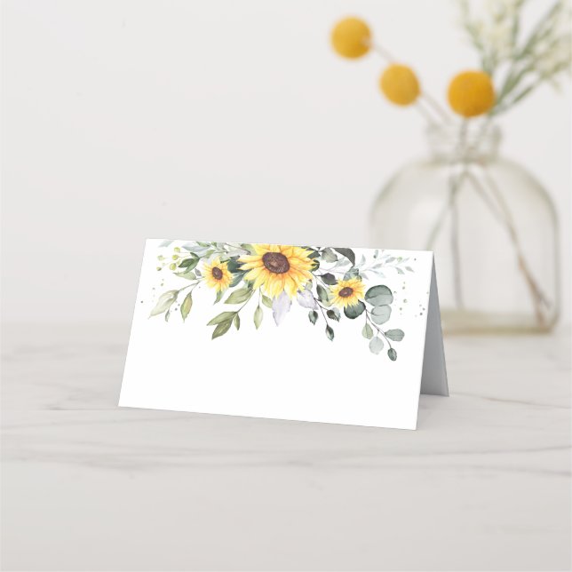 Elegant Sunflowers Eucalyptus Greenery Wedding Place Card (Front)