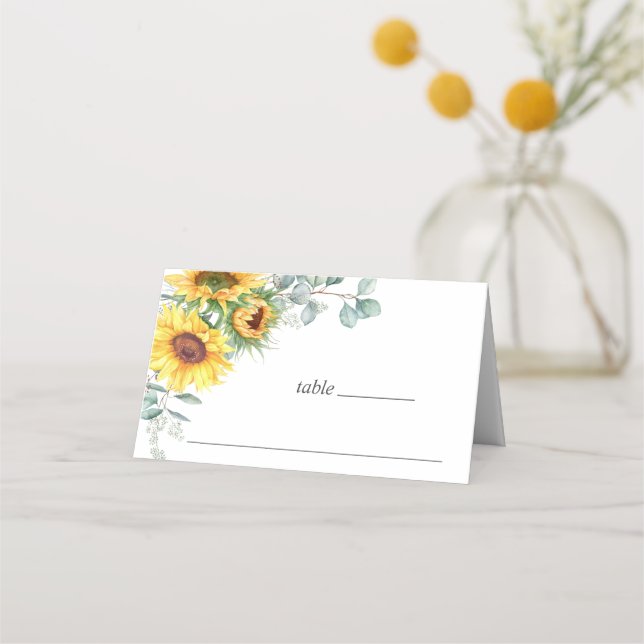 Elegant Sunflowers Eucalyptus Greenery Wedding Place Card (Front)