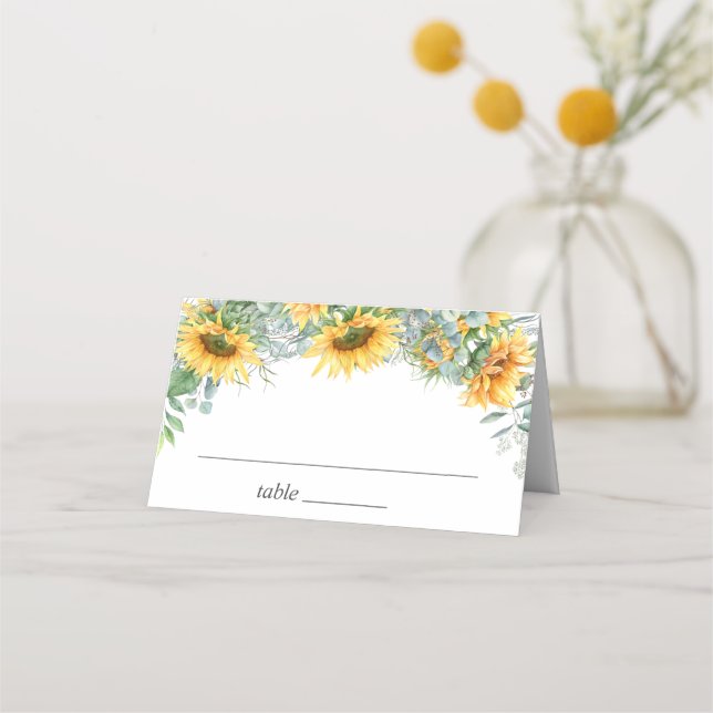 Elegant Sunflowers Eucalyptus Greenery Wedding Place Card (Front)