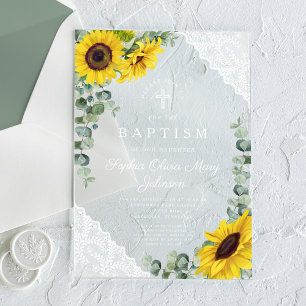 Elegant Sunflowers Eucalyptus Lace Girl Baptism Acrylic Invitations