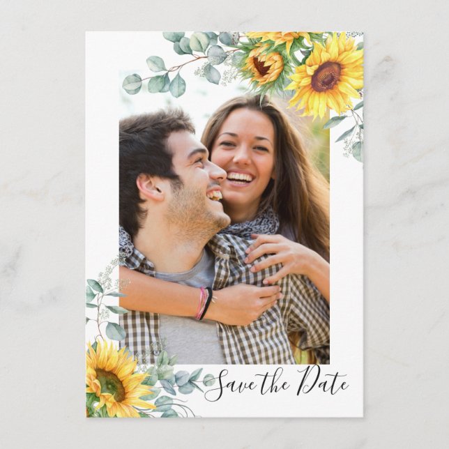 Elegant Sunflowers Eucalyptus PHOTO Wedding Save The Date (Front)