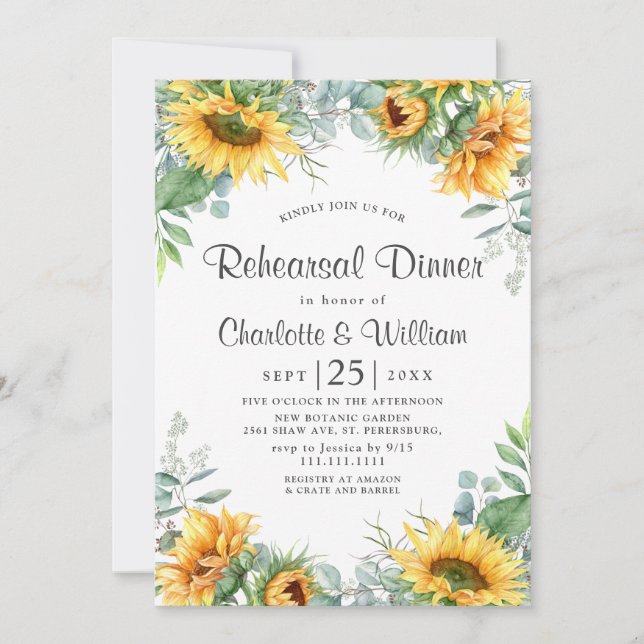 Elegant Sunflowers Eucalyptus Rehearsal Dinner Invitation (Front)