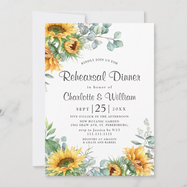 Elegant Sunflowers Eucalyptus Rehearsal Dinner Invitation (Front)
