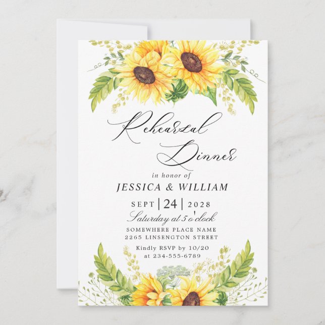 Elegant Sunflowers Eucalyptus REHEARSAL DINNER Invitation (Front)