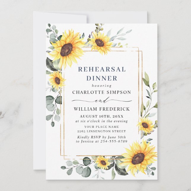 Elegant Sunflowers Eucalyptus REHEARSAL DINNER QR Invitation (Front)