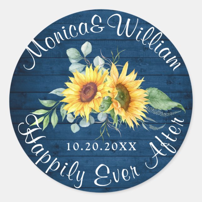 Elegant Sunflowers Eucalyptus Rustic Wood Wedding Classic Round Sticker (Front)