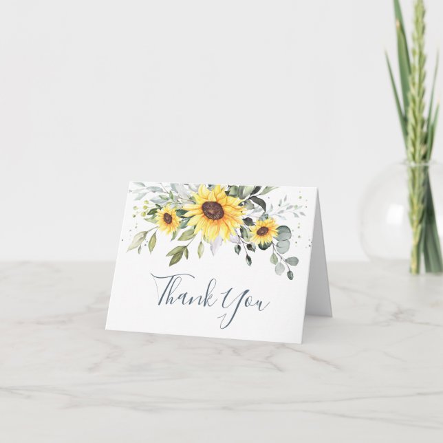 Elegant Sunflowers Eucalyptus Watercolor Foliage Thank You Card (Front)