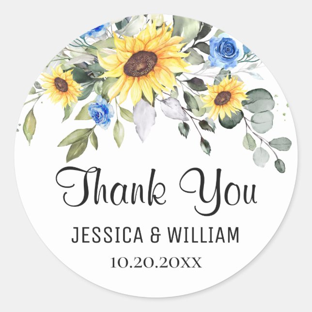 Elegant Sunflowers Eucalyptus Watercolor Wedding Classic Round Sticker (Front)