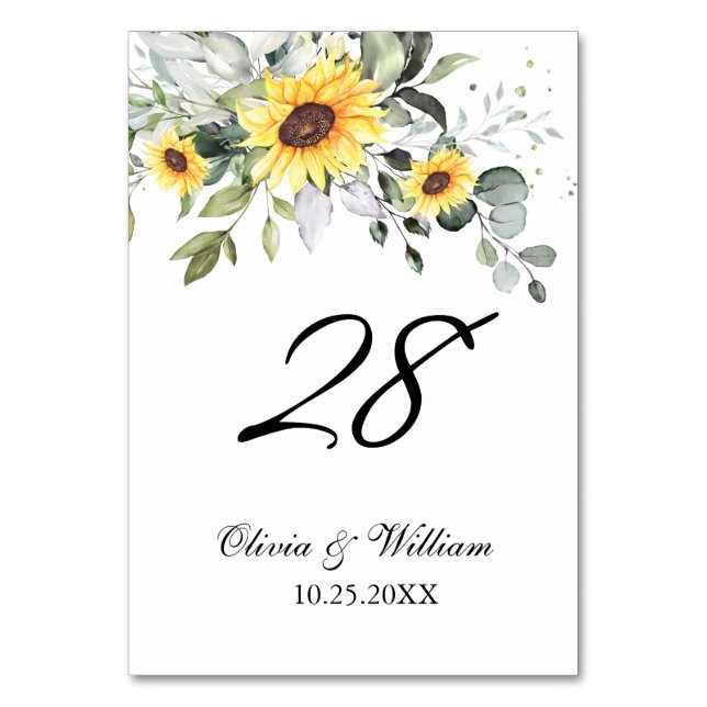 Elegant Sunflowers Eucalyptus Watercolor Wedding Table Number (Front)