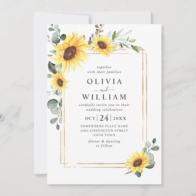Elegant Sunflowers Eucalyptus Wedding All In One Invitation (Front)