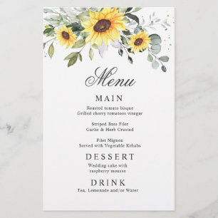 Elegant Sunflowers Eucalyptus Wedding Dinner Menu