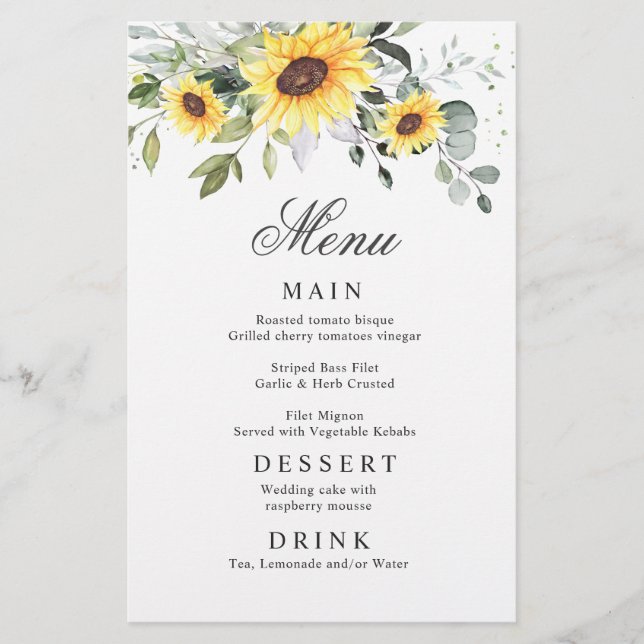 Elegant Sunflowers Eucalyptus Wedding Dinner Menu (Front)