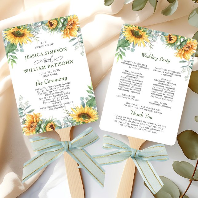 Elegant Sunflowers Eucalyptus Wedding Program Hand Fan (Creator Uploaded)