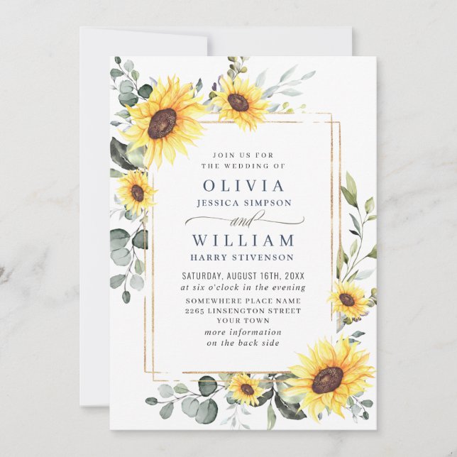 Elegant Sunflowers Eucalyptus Wedding QR Code Invitation (Front)