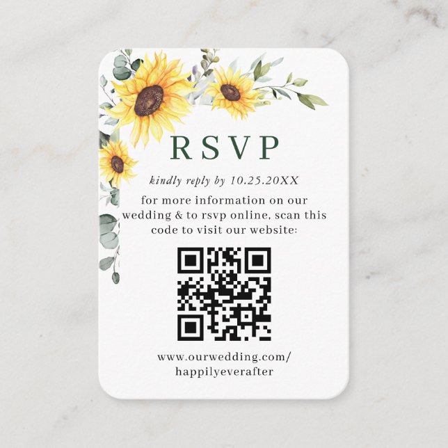 Elegant Sunflowers Eucalyptus Wedding QR RSVP Enclosure Card (Front)