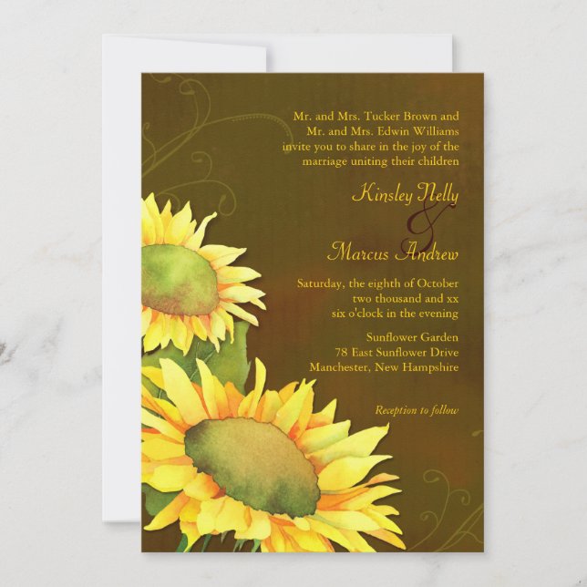 Elegant Sunflowers Fall Brown Wedding Invitation (Front)