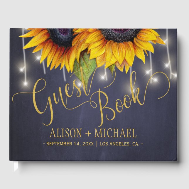 Elegant sunflowers fall typography script wedding guest book (Front)