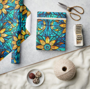Elegant Sunflowers Faux Stained Glass Pattern Wrapping Paper