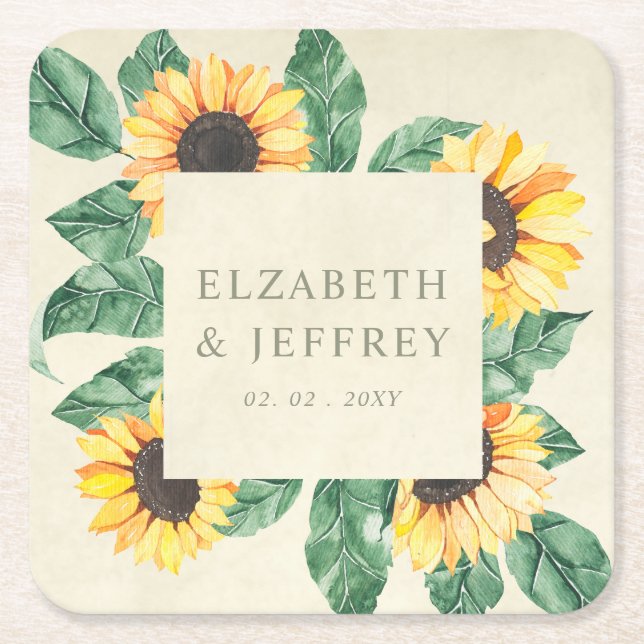 Elegant Sunflowers Garden Floral Wedding Square Paper Coaster (Front)