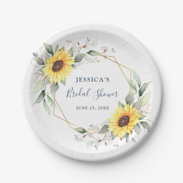 Elegant Sunflowers Greenery Floral Bridal Shower Paper Plate (Front)