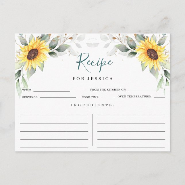 Elegant Sunflowers Greenery Floral Recipe Card (Front)