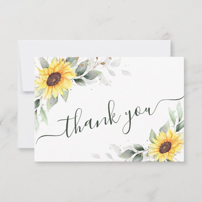 Elegant Sunflowers Greenery Floral Thank You Card (Front)