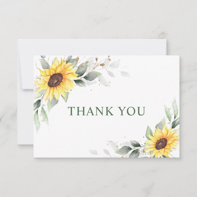 Elegant Sunflowers Greenery Floral Thank You Card (Front)