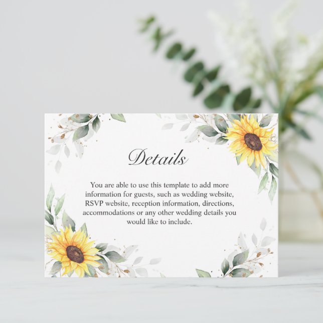 Elegant Sunflowers Greenery Floral Wedding Details Enclosure Card (Standing Front)