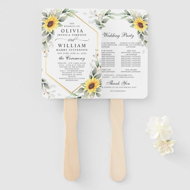 Elegant Sunflowers Greenery Floral Wedding Program Hand Fan (Front and Back)