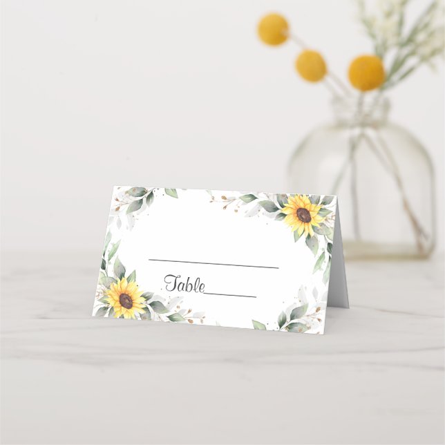 Elegant Sunflowers Greenery Floral Wedding Table Place Card (Front)
