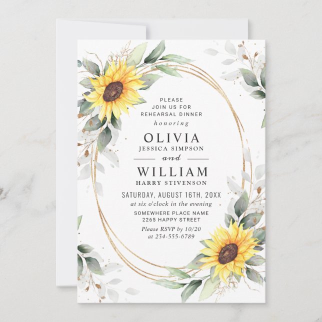 Elegant Sunflowers Greenery Rehearsal Dinner Invitation (Front)